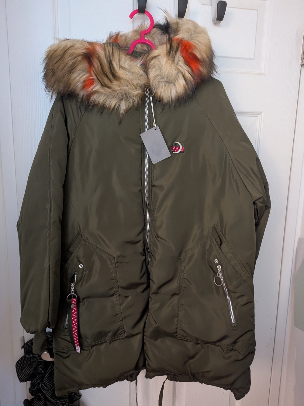 Olive Green Parka Coat with Faux Fur Hood